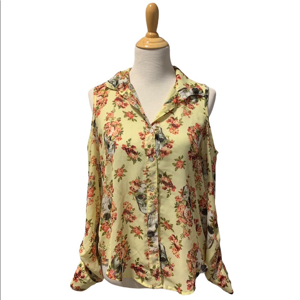 About a girl | Skull & Floral Open Shoulder Sheer Blouse